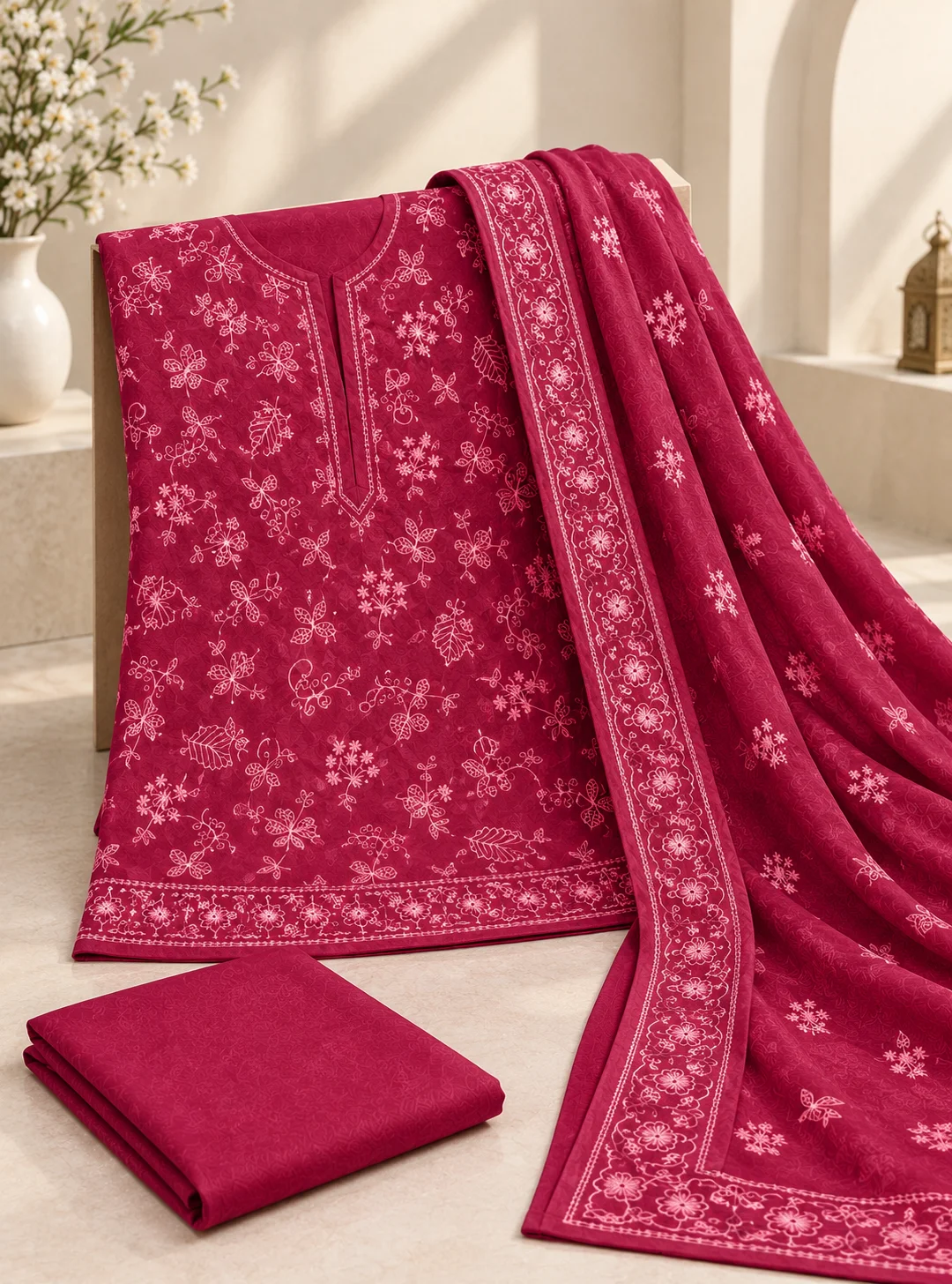 Raspberry Pink 3 Piece Embroidered Suit