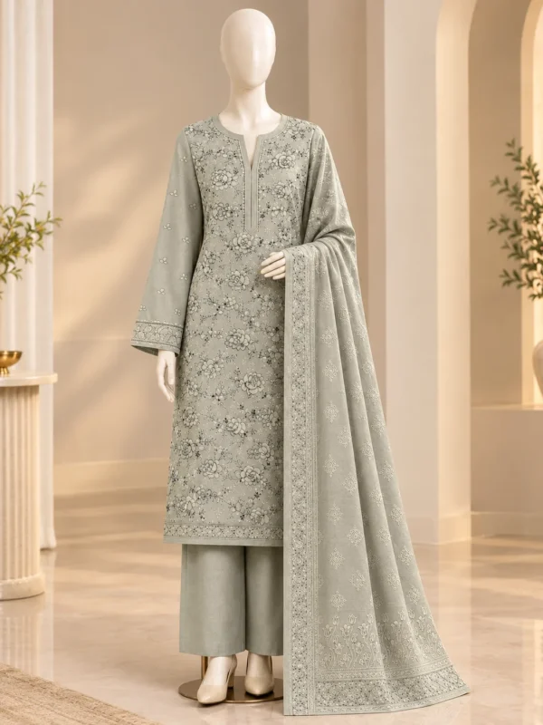 Gulkari grey 3 piece embroidered Pakistani suit with embroidered shirt, plain trouser and velvet shawl by The Hurain’s