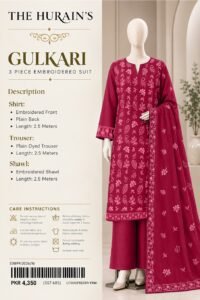 This 3-piece embroidered suit comes in a beautiful Raspberry Pink color. The shirt features an embroidered front with a plain back and detailed embroidery on the sleeves. It is paired with a plain dyed trouser and an embroidered shawl.
Shirt: Embroidered Front, Plain Back, Length 2.5 Meters
Trouser: Plain Dyed Trouser, Length 2.5 Meters
Shawl: Embroidered Shawl, Length 2.5 Meters