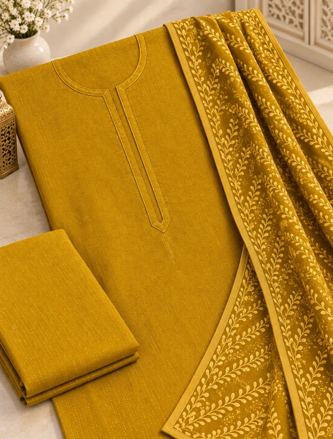 Yellow Makhamali 3 Piece
